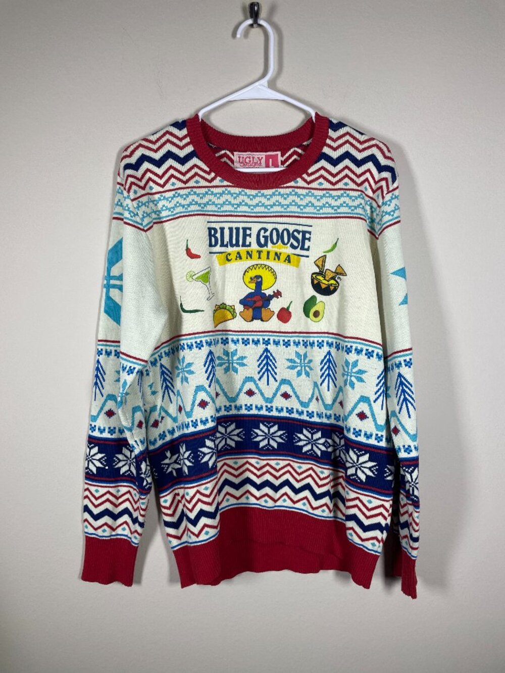Ugly Christmas Sweater Blue Goose Cantina Holiday Print Large!